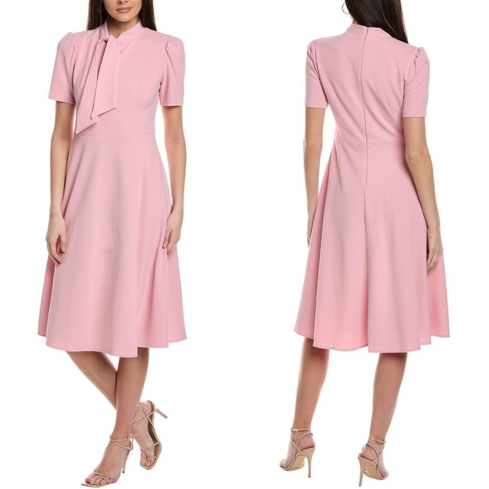 NEW MAGGY LONDON Shell PINK Short Sleeve NECKTIE Fit & Flare MIDI DRESS 2 (fit 4